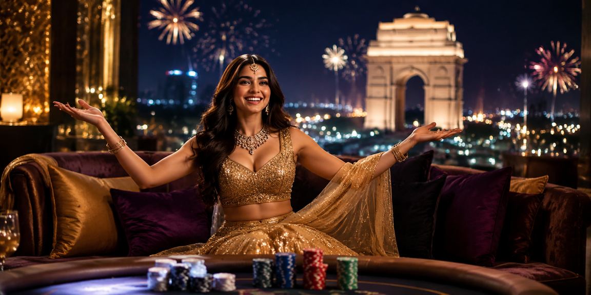 Indian woman playing casino games on mobile near India Gate