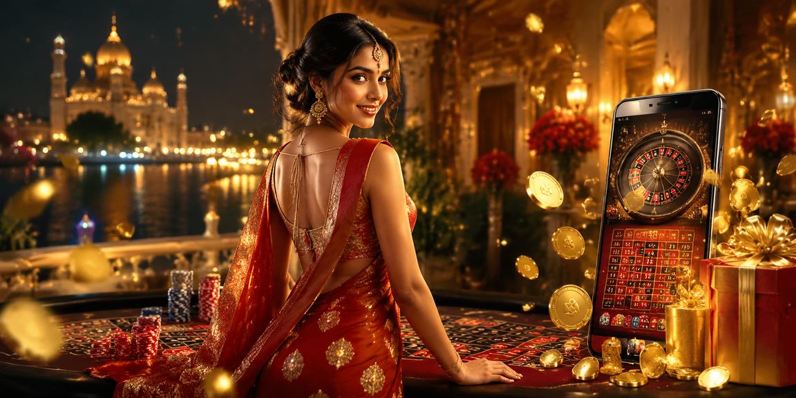 Woman enjoying online Andar Bahar game on mobile device dressed in Indian traditional saree